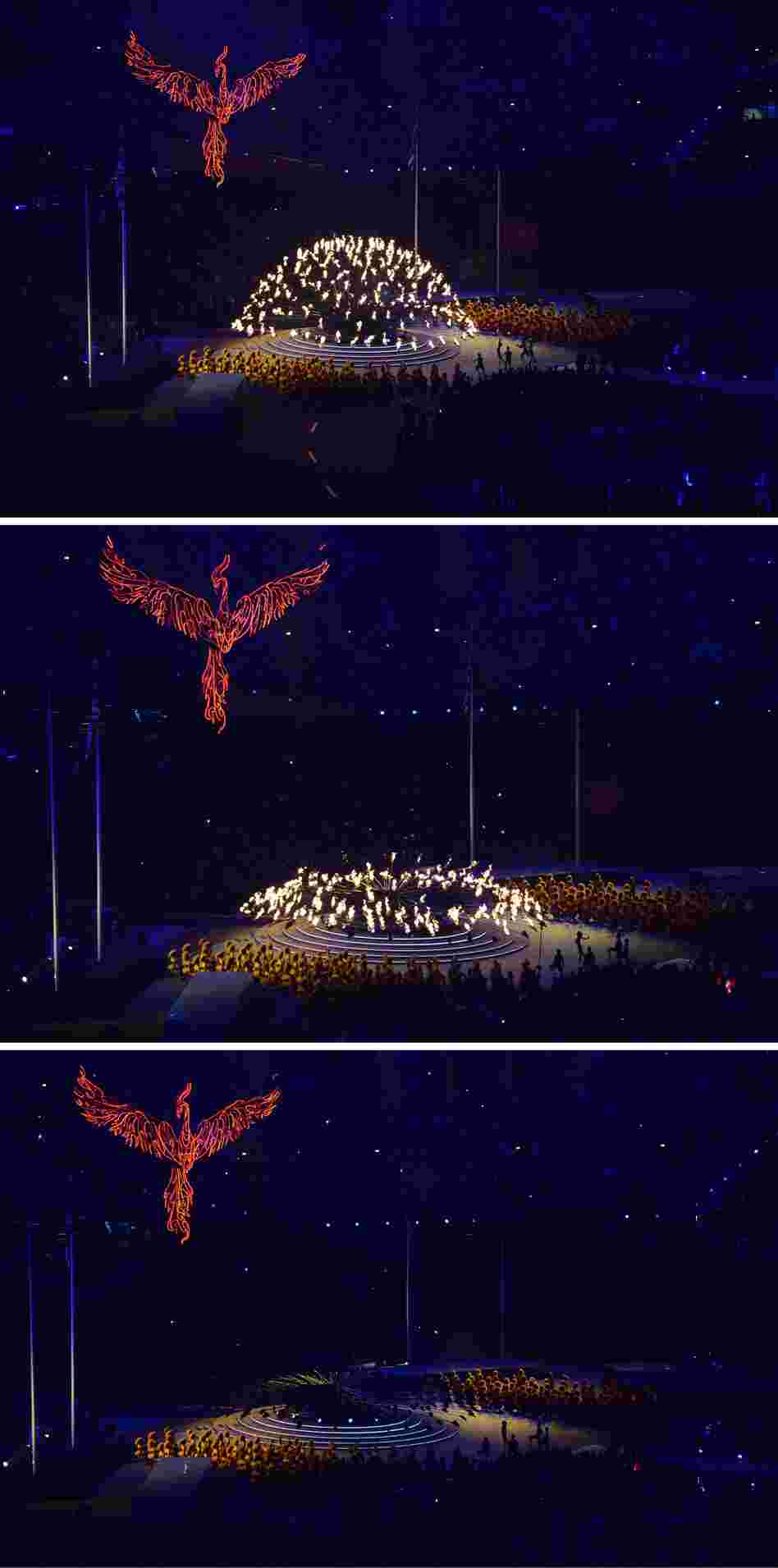 Three photos show the Olympic flame slowly extinguishing at London's Olympic Stadium, as the London 2012 Games come to an end. The next Summer Olympics will be in Rio de Janeiro, Brazil.