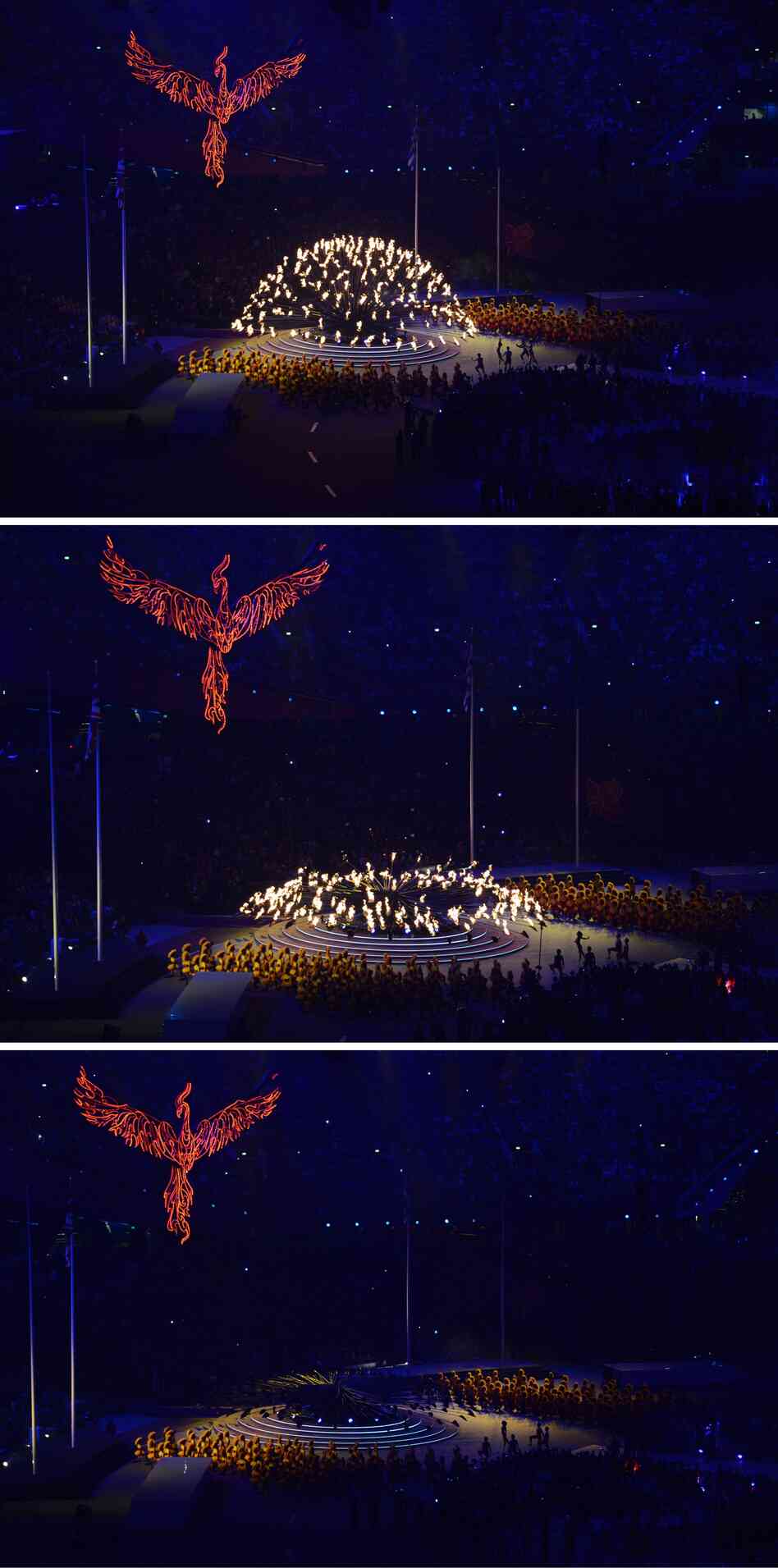 Three photos show the Olympic flame slowly extinguishing at London's Olympic Stadium, as the London 2012 Games come to an end. The next Summer Olympics will be in Rio de Janeiro, Brazil.