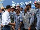 Republican presidential candidate Mitt Romney greets coal miners during a campaign rally in Beallsville, Ohio, on Tuesday. Republican presidential candidate Mitt Romney greets coal miners during a campaign rally in Beallsville, Ohio, on Tuesday.