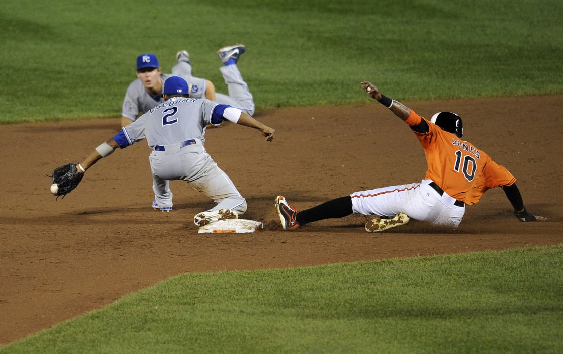 Baltimore Orioles center fielder Adam Jones is out at second against Kansas City Royals shortstop Alcides Escobar. Despite less-than-stellar statistics, the Orioles are contenders in the American League wild-card race.