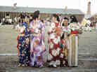 Young women wearing kimonos chat during an Obon celebration honoring ancestors at the Heart Mountain Relocation Center in Wyoming. Young women wearing kimonos chat during an Obon celebration honoring ancestors at the Heart Mountain Relocation Center in Wyoming.