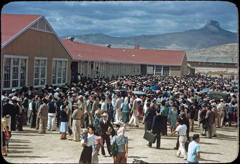 About 4,000 internees gather at the Heart Mountain camp's high school on Sept. 23, 1943, to send off 434 prisoners who failed loyalty questionnaires. The inmates were sent to a segregation facility in California.