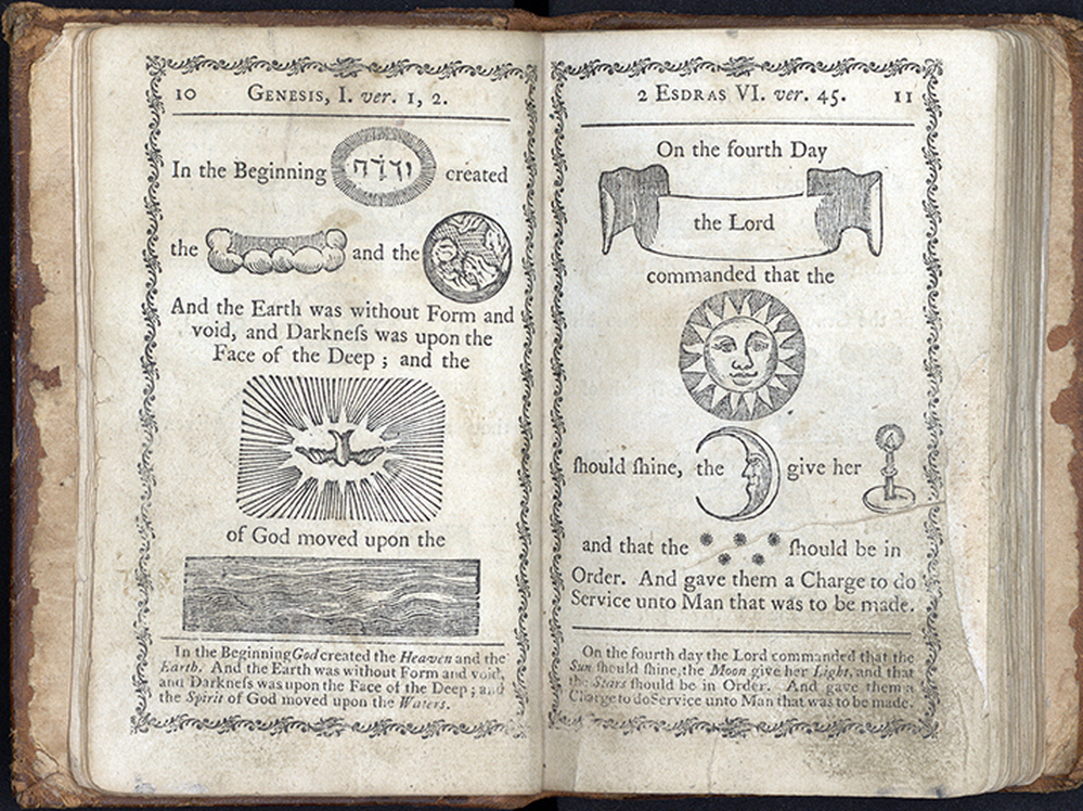 A page from A Curious Hieroglyphick Bible from 1788. Hieroglyphic Bibles were used to help children remember Bible passages. 