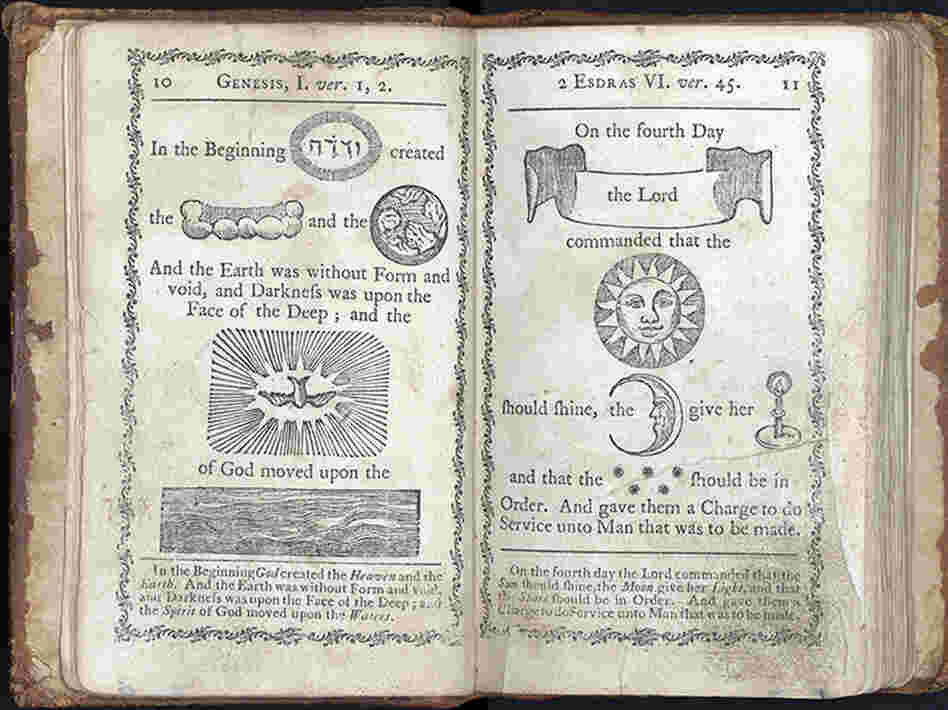 A page from A Curious Hieroglyphick Bible from 1788. Hieroglyphic Bibles were used to help children remember Bible passages. 