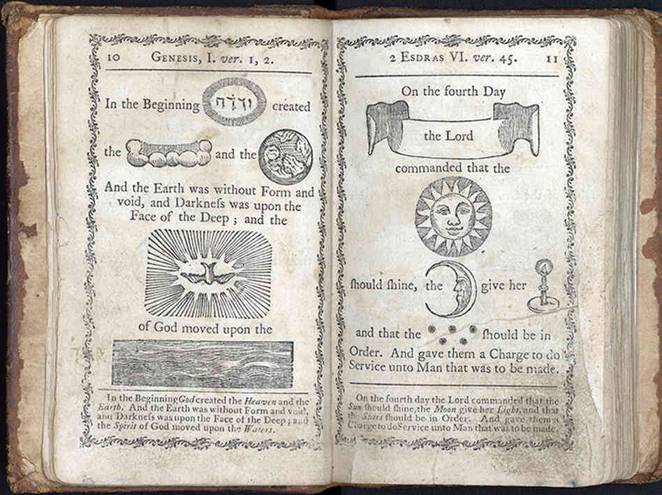 A page from A Curious Hieroglyphick Bible from 1788. Hieroglyphic Bibles were used to help children remember Bible passages. 