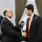 House Budget Committee Chairman Paul Ryan, R-Wis., shakes hands with Federal Reserve Chairman Ben Bernanke at the close of the committee's hearing on the state of the economy in February 2011.