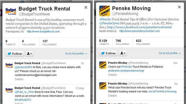 For customer Laura Hargrove, the choice between moving-truck companies Budget and Penske came down to how they use Twitter.