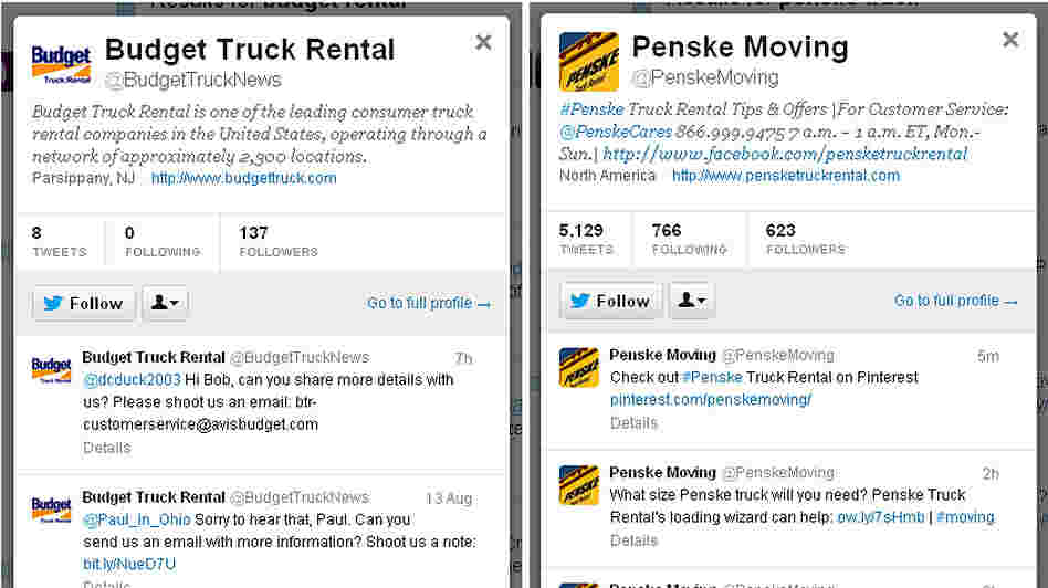 For customer Laura Hargrove, the choice between moving-truck companies Budget and Penske came down to how they use Twitter.