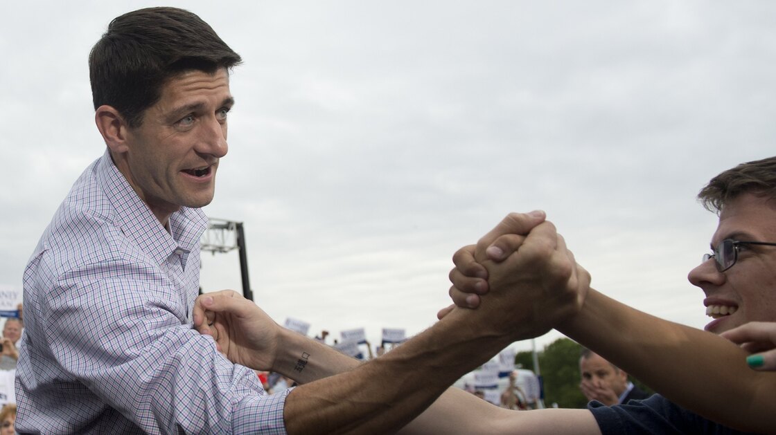 Rep. Paul Ryan greets supporters during a campaign rally Sunday in Waukesha, Wis.