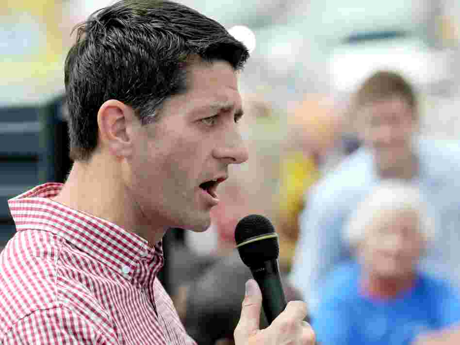 Rep. Paul Ryan, R-WI, speaks during a campagin stop at the Des Moines Register Soap Box at the Iowa State Fair on August 13 in Des Moines, Iowa