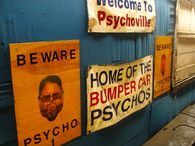Signs line the walls of the bumper car ride at the Keansburg Amusement Park on the Jersey shore.