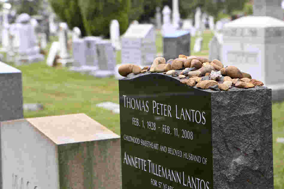 The cemetery that served as the first national burial ground remains an active cemetery. Here, the headstone of Rep. Tom Lantos of California, who died in 2008. The stones on top have been left by visitors as a mark of respect for Lantos, per Jewish tradition.