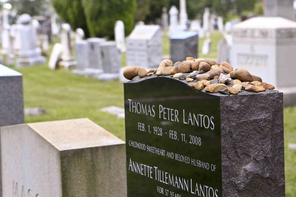 The cemetery that served as the first national burial ground remains an active cemetery. Here, the headstone of Rep. Tom Lantos of California, who died in 2008. The stones on top have been left by visitors as a mark of respect for Lantos, per Jewish tradition.