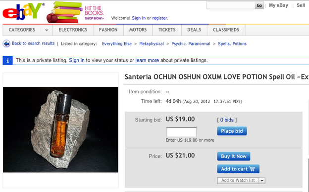 A "powerful" love potion for sale on eBay. The "buy it now" price is $21.