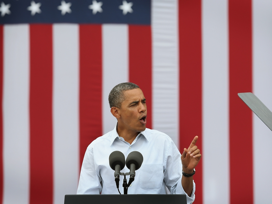 President Barack Obama speaks at a campaign rally on August 15 in Dubuque, Iowa.