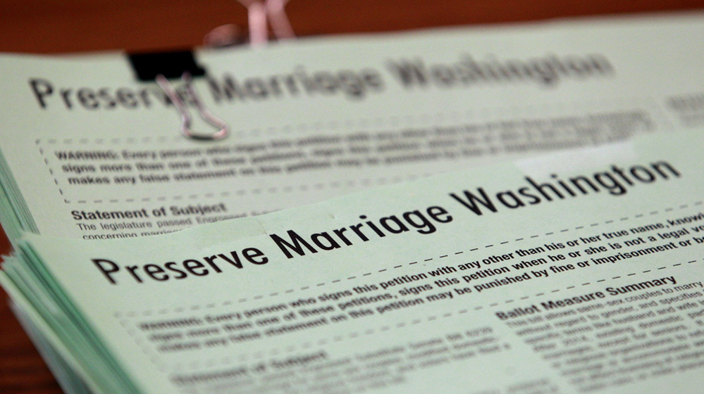 Petitions for Referendum 74, which would provide a public vote on gay marriage, were submitted in June in Olympia, Wash.