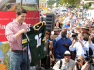 Republican vice presidential candidate Paul Ryan holds up a Green Bay Packers jersey during a campaign stop at the Iowa State Fair. Republican vice presidential candidate Paul Ryan holds up a Green Bay Packers jersey during a campaign stop at the Iowa State Fair.