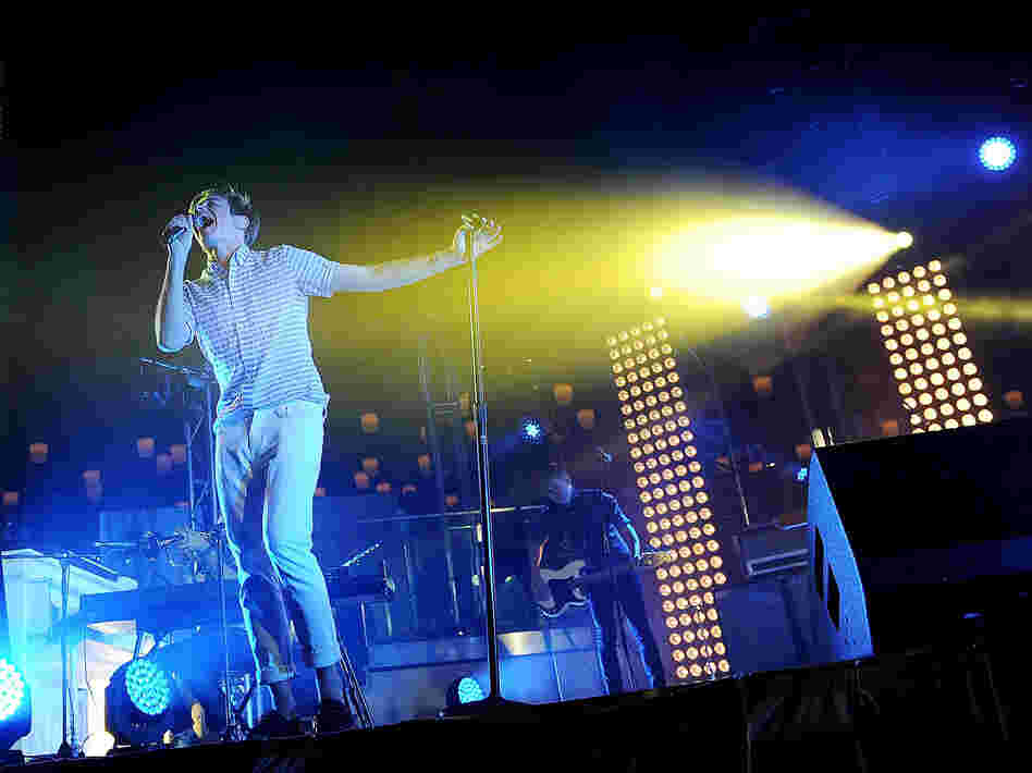 Singer Nate Ruess of fun. performs in Las Vegas. Behind Ruess are lighting director Jackie Finney's favorite new tools: towers of white lights called kryptons.
