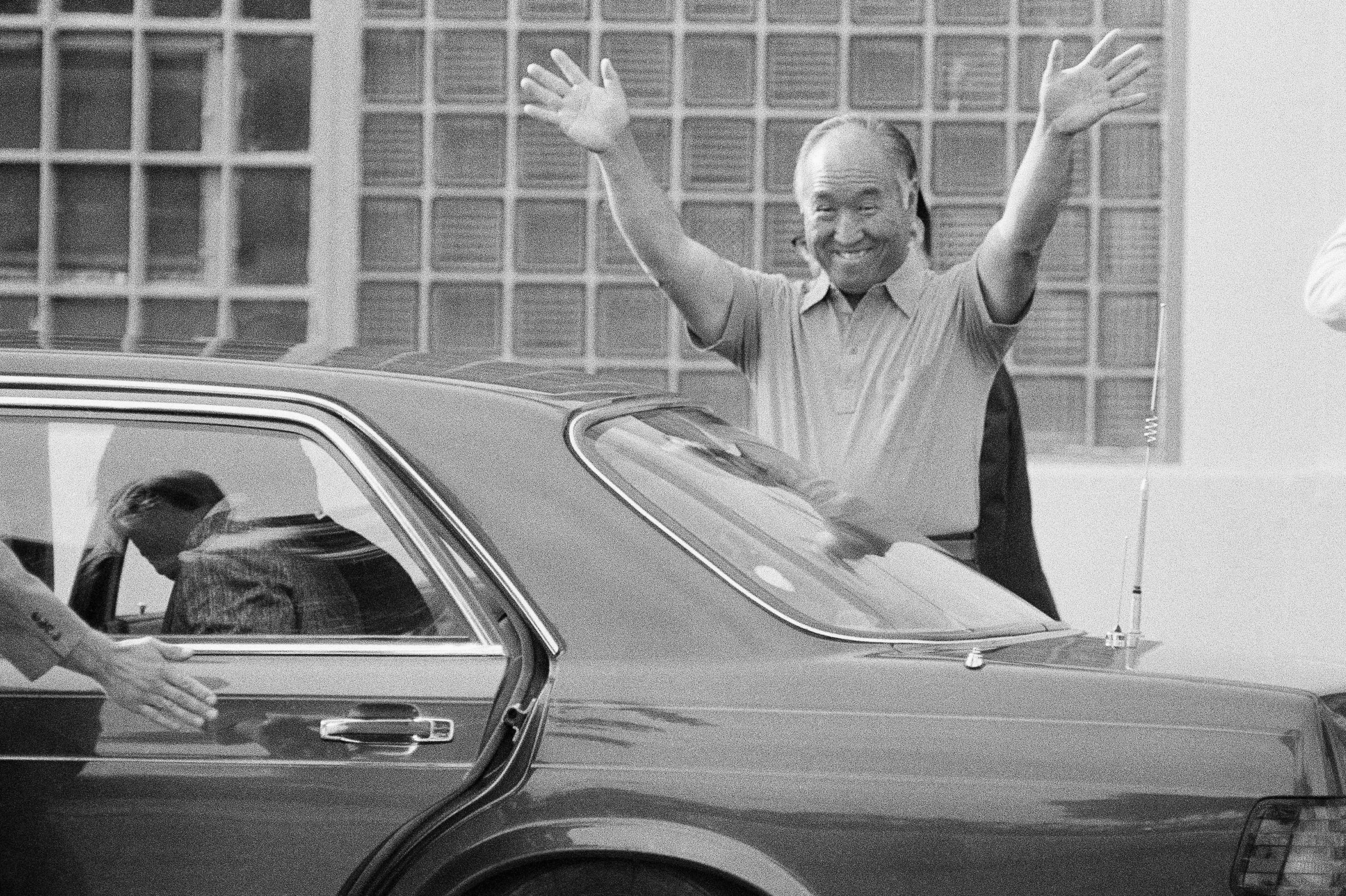 Moon leaves the Federal Correctional Institution in Danbury, Conn., July 4, 1985. Moon was imprisoned in 1984 after being convicted of tax-evasion charges. He left Danbury to serve the remainder of his sentence at a halfway house in Brooklyn, N.Y.
