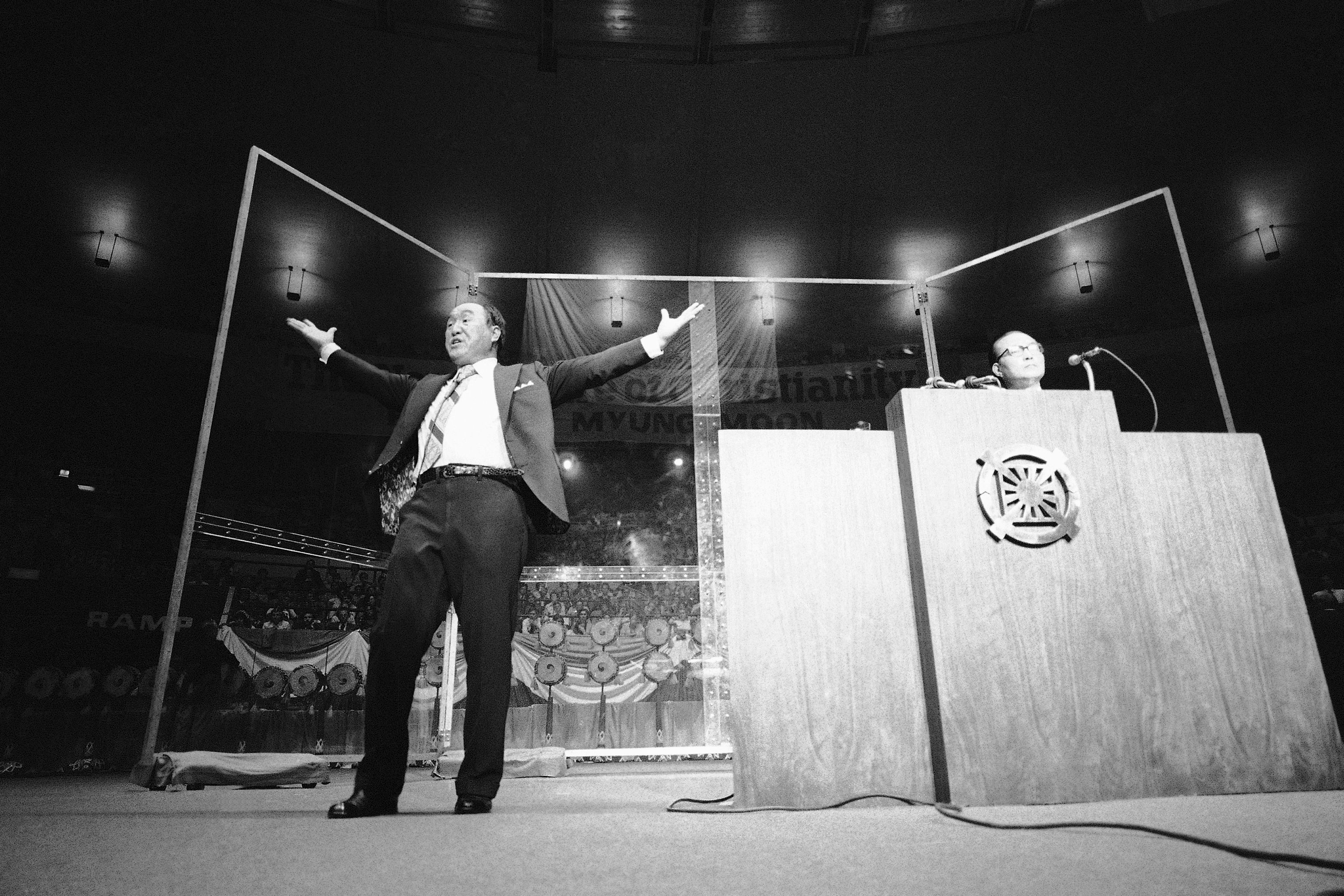 Moon appears before a capacity crowd of 2,000 in 1974 in New York's Madison Square Garden, where he preached for the rebirth of Christianity. His appearance was part of a 40-city U.S. tour that year.