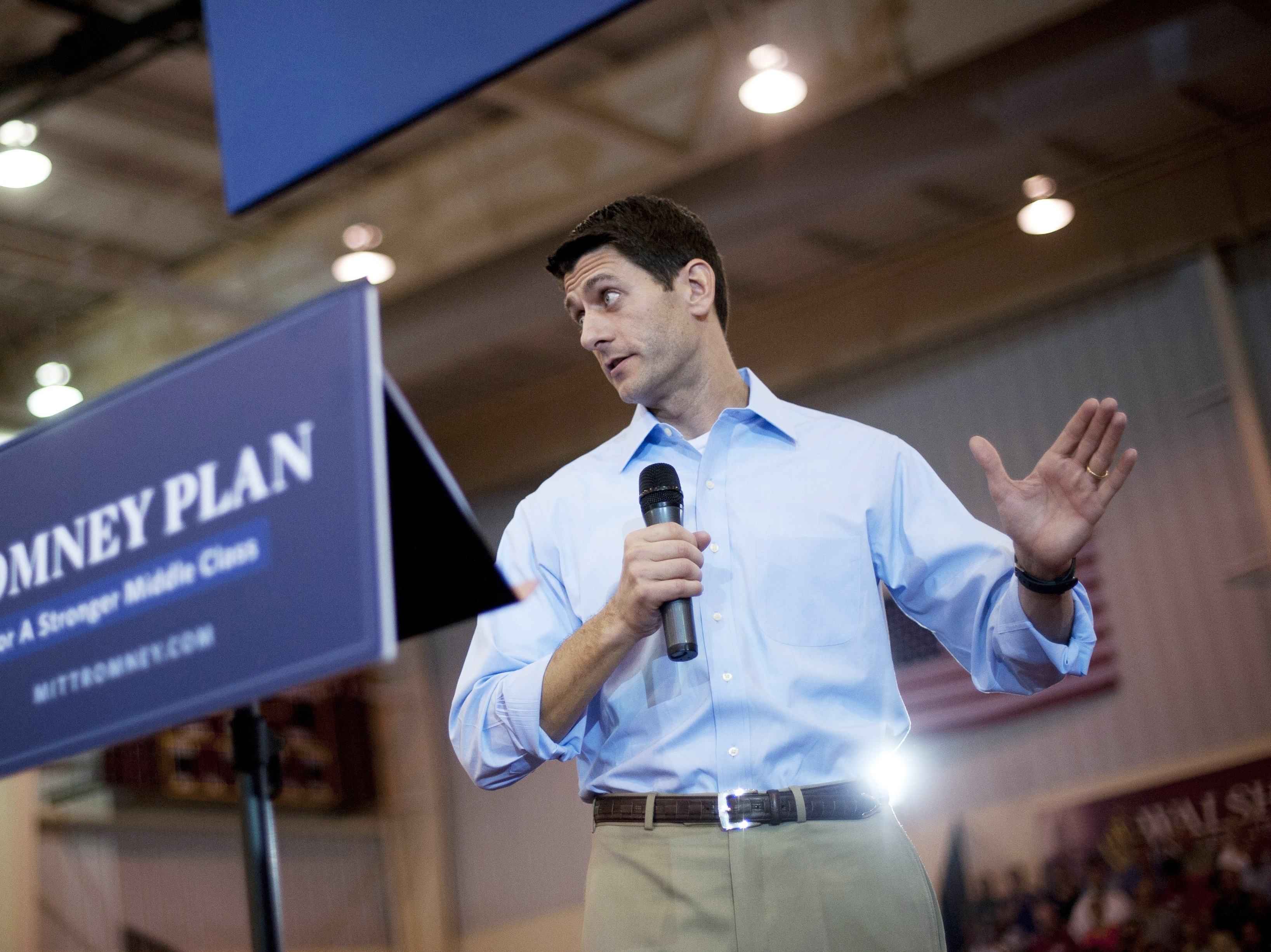 Republican vice presidential candidate Paul Ryan speaks at a campaign event at Walsh University on August 16 in North Canton, Ohio.