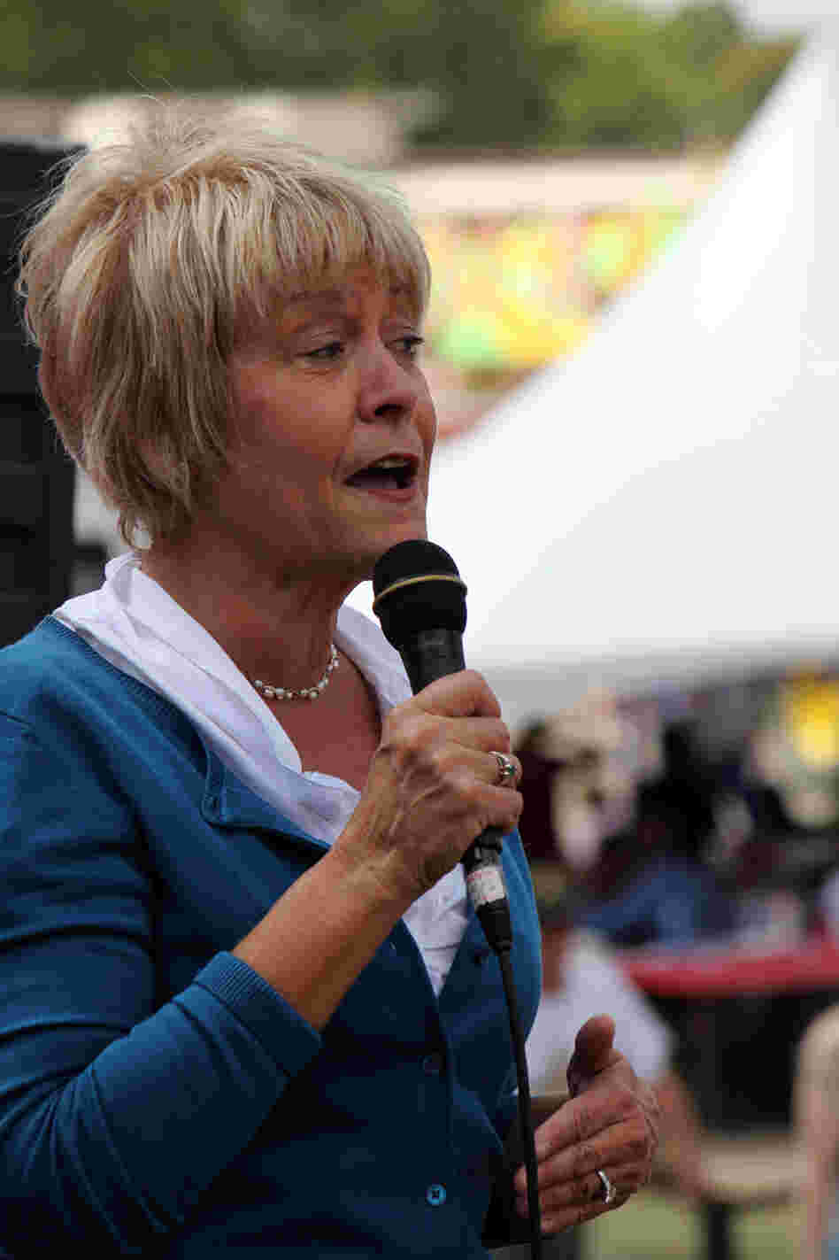 Former Iowa first lady Christie Vilsack speaks at a political soapbox at the Iowa State Fair in Des Moines. Former Iowa first lady Christie Vilsack speaks at a political soapbox at the Iowa State Fair in Des Moines.