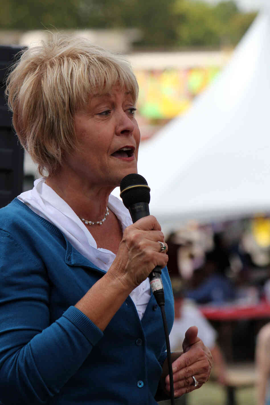 Former Iowa first lady Christie Vilsack speaks at a political soapbox at the Iowa State Fair in Des Moines. Former Iowa first lady Christie Vilsack speaks at a political soapbox at the Iowa State Fair in Des Moines.