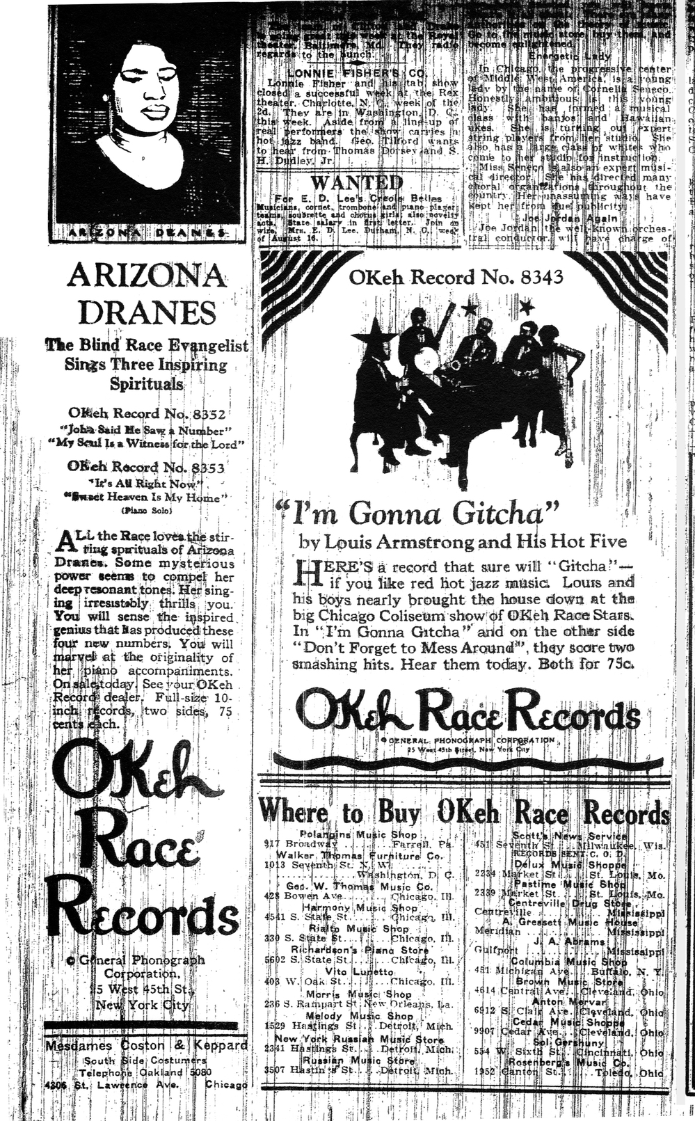 Detail from a print advertisement for Arizona Dranes' Okeh recordings.