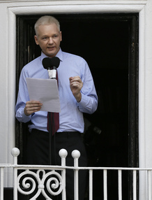 Julian Assange, founder of WikiLeaks, makes a statement from a balcony of the Ecuadorian embassy in London on Sunday. Julian Assange, founder of WikiLeaks, makes a statement from a balcony of the Ecuadorian embassy in London on Sunday.