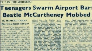 A 1963 clipping from Pakistan's Morning News describes how Pakistani pop fans gate-crashed their way into a bar at the Karachi Airport where The Beatles were having a drink. The band had arrived in Karachi en route to Hong Kong.