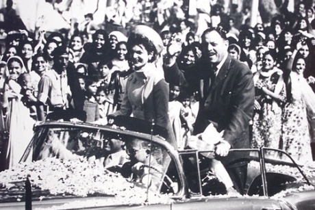 Then-first lady Jacqueline Kennedy visited Pakistan in 1962. Here she is seen riding in a convertible with the then-ruler of Pakistan, Ayub Khan, through throngs of people in Karachi.