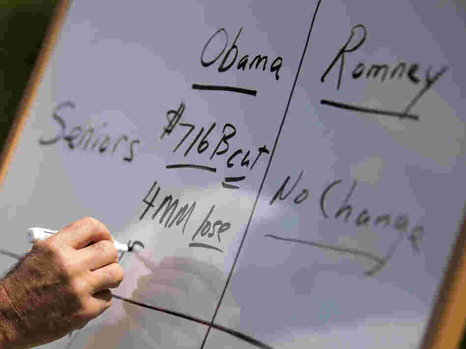 Mitt Romney writes on a whiteboard as he talks about Medicare during a news conference on Aug. 16 in Greer, S.C.