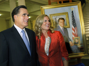 Former Massachusetts Gov. Mitt Romney and his wife, Ann, greet guests after his official portrait is unveiled in 2009 during a ceremony on the Grand Staircase at the Statehouse in Boston. Former Massachusetts Gov. Mitt Romney and his wife, Ann, greet guests after his official portrait is unveiled in 2009 during a ceremony on the Grand Staircase at the Statehouse in Boston.