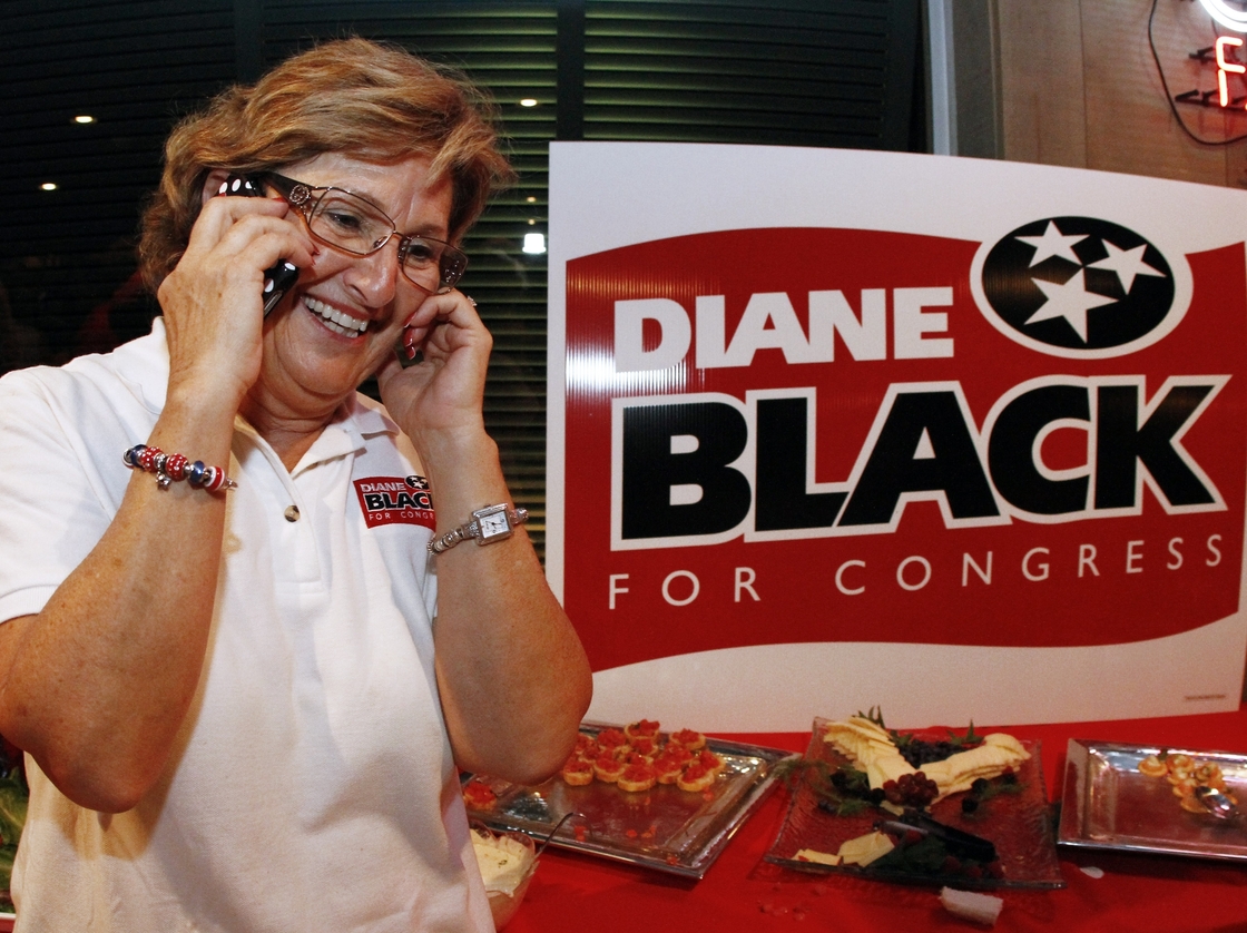 Rep. Diane Black, R-Tenn., shown here at a victory party after defeating Lou Ann Zelenik in the GOP primary, found herself on the defensive after being called soft on Shariah law.