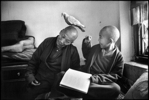 Tulku Khentrul Lodro Rabsel, 12, is pictured with his tutor Lhagyel at the Shechen Monastery in Bodnath, Nepal. Kehntrul entered the monastery at the age of 5, and like other young monks was restricted from seeing other monks of his age. Martine Franck took this photo in 1996.