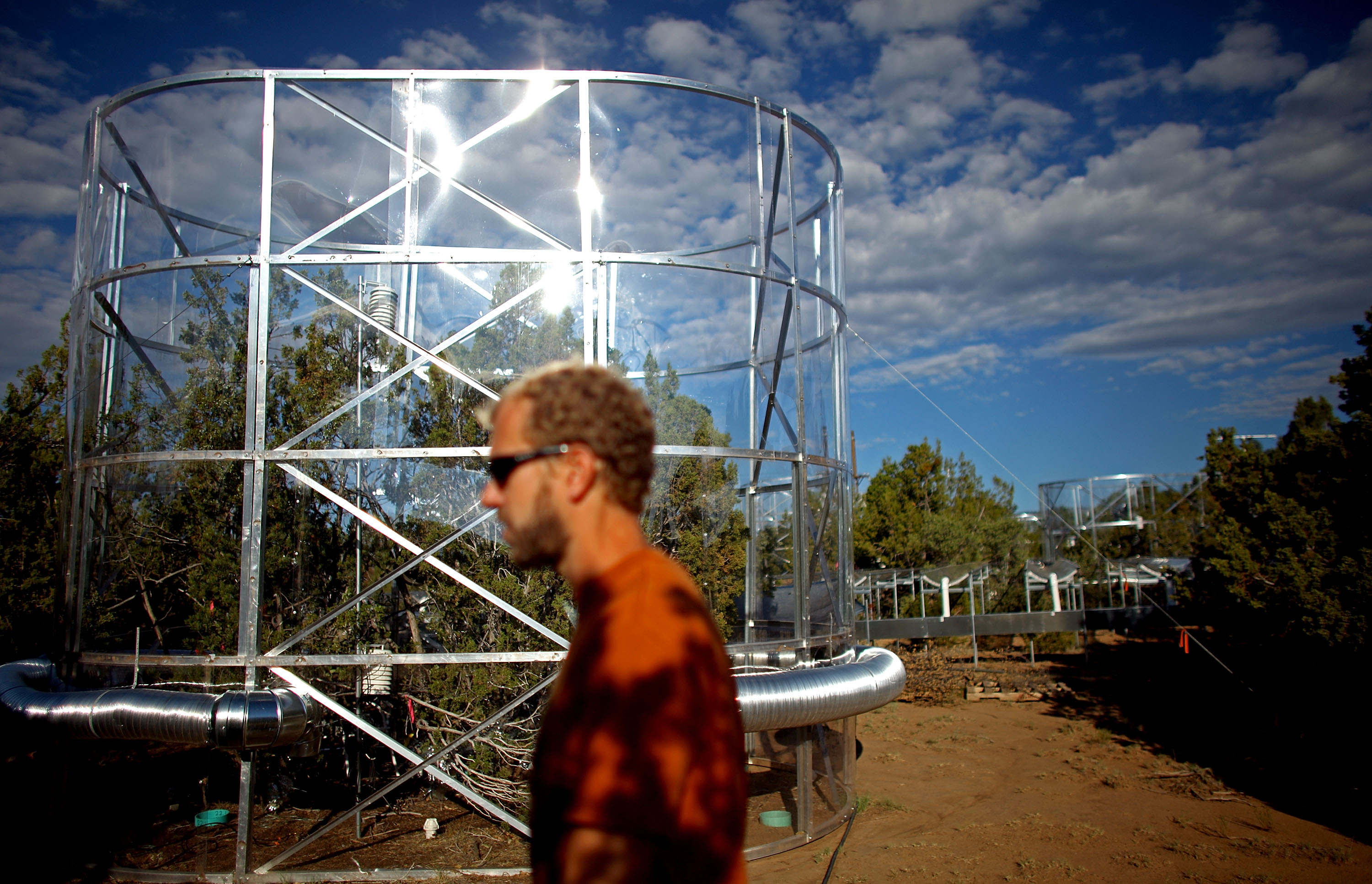 Powers walks past a tree chamber. Researchers say drought-stressed trees appear to start consuming their own carbon stores.  <br /><br />