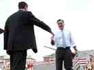 Republican Presidential Candidate Gov. Mitt Romney welcomes running mate Rep. Paul Ryan on stage in Norfolk, Va.