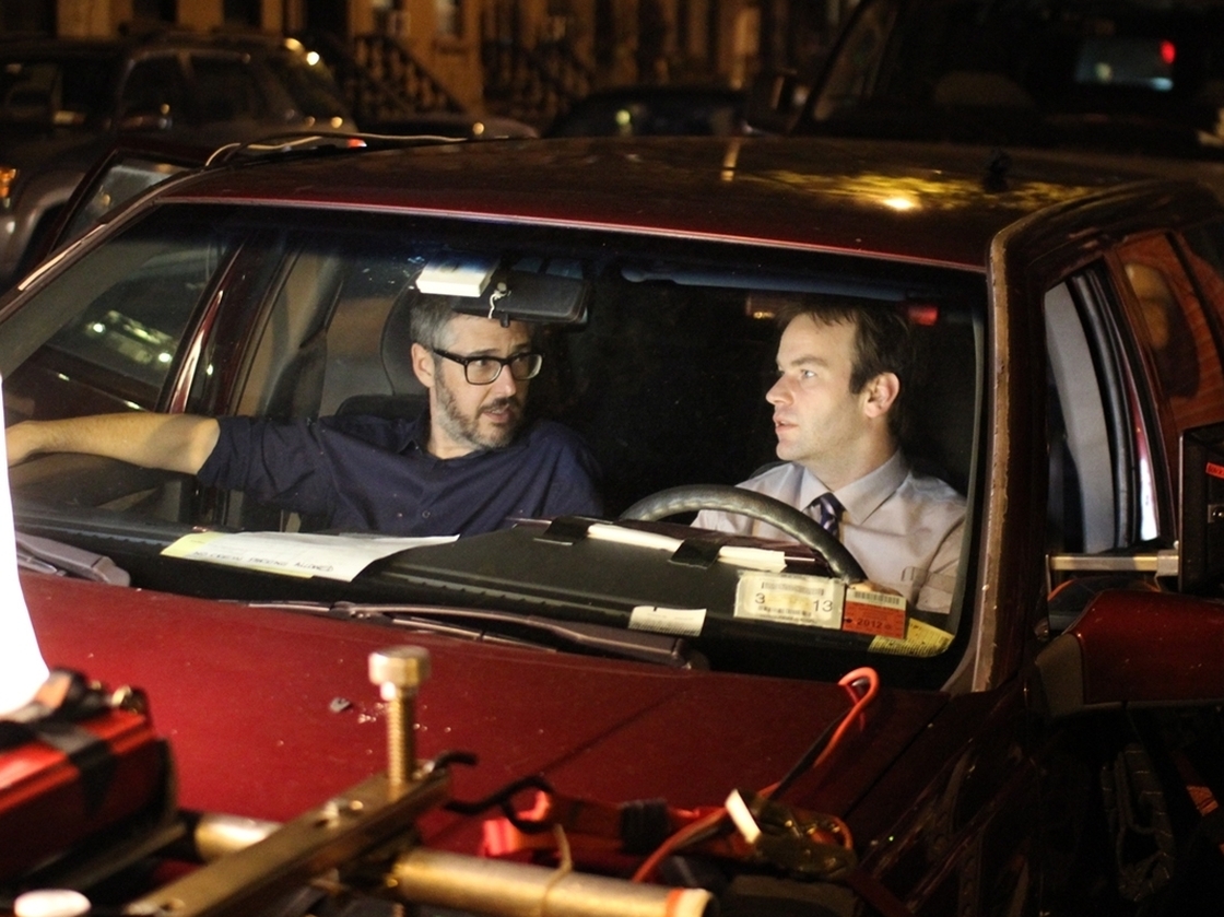 Ira Glass (left) and Mike Birbiglia collaborate on the set.