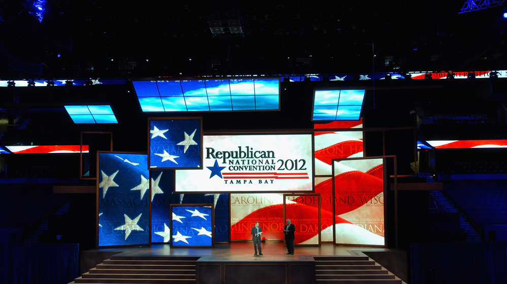 Republican National Committee officials on Monday unveiled the stage inside of the Tampa Bay Times Forum in preparation for the Republican National Convention.