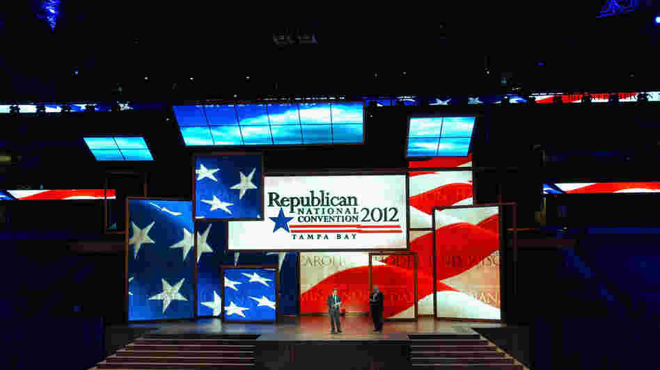 Republican National Committee officials on Monday unveiled the stage inside of the Tampa Bay Times Forum in preparation for the Republican National Convention.