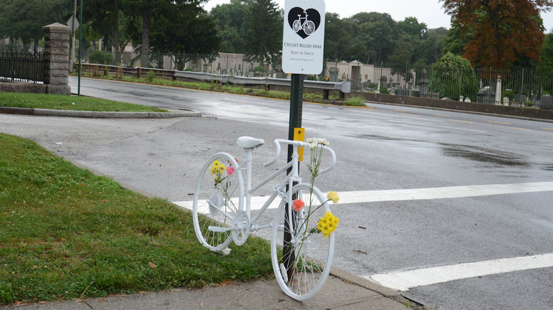 A ghost bike memorializes an unknown cyclist killed while riding in Brooklyn, N.Y.