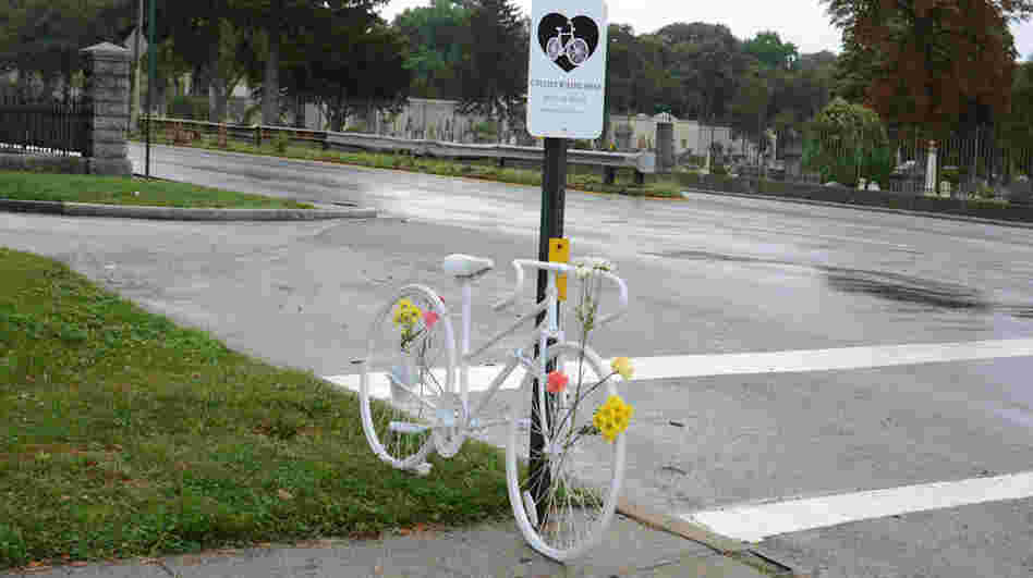 A ghost bike memorializes an unknown cyclist killed while riding in Brooklyn, N.Y.