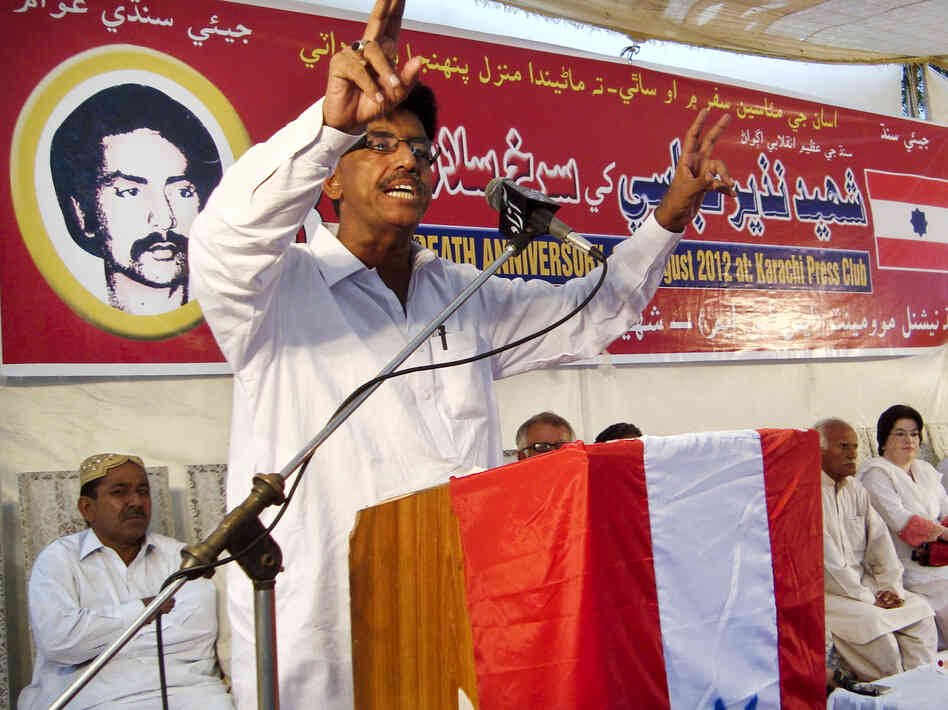 Ali Hassan, president of the Sindhi National Movement, speaks at an anti-China rally in Karachi on Aug. 9. Local activists were protesting the construction by China of an industrial megacity, Zulfiqarabad, in their province.