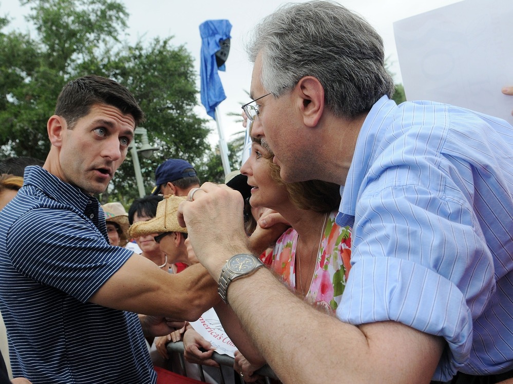 Republican Vice Presidential candidate Paul Ryan greets supporters during the Victory Rally in Florida at Town Square, Lake Sumter Landing on August 18, 2012 in The Villages, Florida.