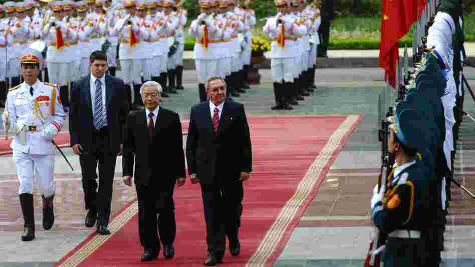 Cuba's President Raul Castro and Vietnamese Communist Party Secretary General Nguyen Phu Trong review an honor guard during an official welcoming ceremony at the presidential palace in Hanoi in July. The Cuban leader flew in from China for the second leg of his Asian tour to Cuba's two Asian communist allies. Cuba's President Raul Castro and Vietnamese Communist Party Secretary General Nguyen Phu Trong review an honor guard during an official welcoming ceremony at the presidential palace in Hanoi in July. The Cuban leader flew in from China for the second leg of his Asian tour to Cuba's two Asian communist allies.