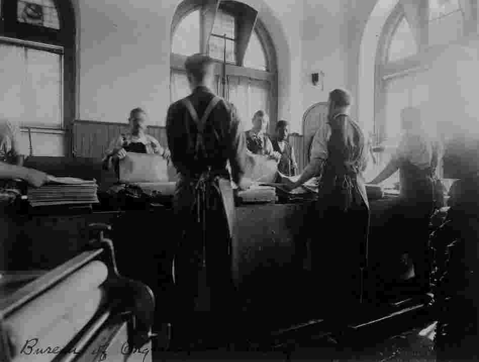 To make them more impressionable, sheets of fibrous paper were dampened before going to printing presses, circa 1890. To make them more impressionable, sheets of fibrous paper were dampened before going to printing presses, circa 1890.