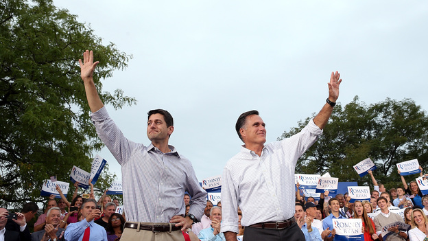 Paul Ryan and Mitt Romney campaign in Waukesha, Wis., on Aug. 12, the day after Romney made the Wisconsin congressman his vice presidential running mate.