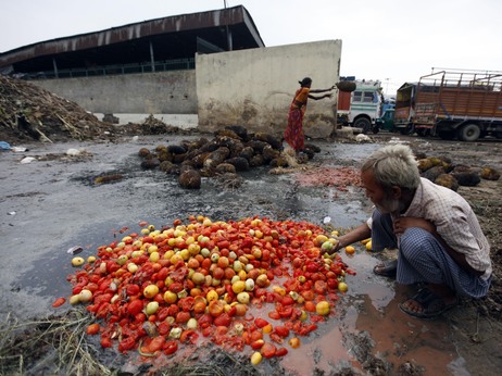 Rotten jackfruit and tomatoes are sorted at a dump in New Delhi. India loses an estimated 40 percent of its produce harvest for lack of infrastructure. And Americans waste about 40 percent of our food.