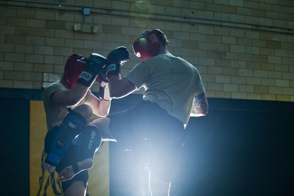 Student instructors take turns practicing maneuvers during a sparring session at the U.S. Army Combatives school at Fort Benning.