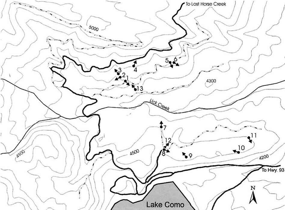 A map showing the locations of 13 photo points in Bitterroot National Forest, where photographers have returned since 1909.